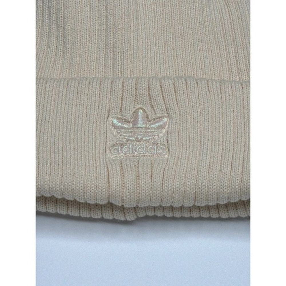 Adidas Originals Cream Ribbed Knit Beanie Iridescent Trefoil Logo Hat‎ RN90288